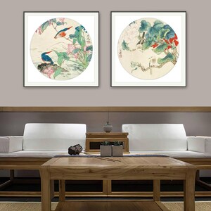 Round shape bird and flower painting combination wall art, unframed art print, set of 2, by Tian Shiguang, flowers and birds art print