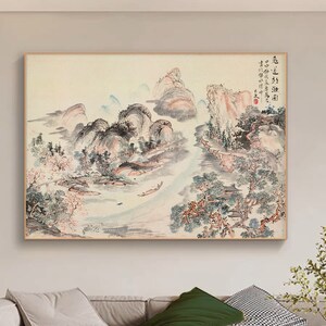 May include: A traditional Chinese landscape painting featuring a river winding through mountains and trees. The painting is done in shades of gray, blue, and pink, with a light background. The text in the upper right corner reads "色 韵 淡 淡 幽"