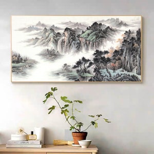 Surrounded by mountains and clouds, large horizontal Chinese landscape painting archival print,  embraced by natural beauty, calming décor