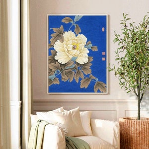 Light yellow peony fine-brush painting, by Huaichen, peony meticulous art print, Chinese Gongbi peony art, vibrant botanic wall art unframed