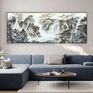 Cloud-Shrouded Mountains and Soaring Waterfalls, extra large horizontal Chinese landscape painting, awe-inspiring dynamic waterfalls art