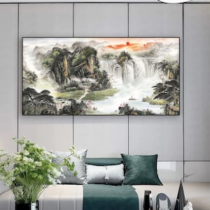 Spring mountain with cascading waterfall, large horizontal landscape painting archival print, Feng shui landscape painting with good luck