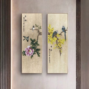 Set of 4 long narrow vertical botanic wall art, Cherry flowers, peony, smoke tree, magnolia, Gongbi bird-and-flower painting giclee prints