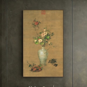 Chinese vase and flowers, by Giuseppe Castiglione, 午瑞圖, 郎世寧, antique painting silk replica, giclee art print, handcrafted hanging scroll