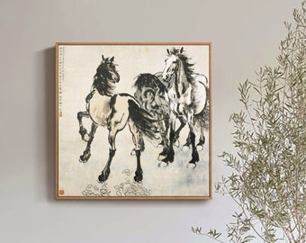 Three Horses, Xu Beihong, Chinese vintage horse painting replica, freehand horse painting giclee print, unframed Chinese art paper print BH