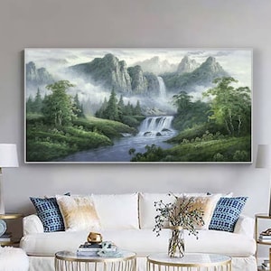 Extra large horizontal natural landscape painting, Lush green covered mountains, winning stream, peaceful scenery art, archival print