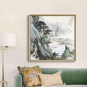 Chinese Traditional landscape painting, square landscape wall art, boat, mist river shan shui painting, unframed print, 晴瀾帆影 50x50
