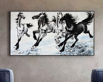 走る馬の水墨画：大きな白黒の風水壁アート - Etsy 日本