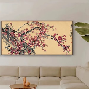 Passionate full bloomed red plum on vintage color paper, Chinese red plum blossoms painting replica, fine art print, silk hanging scroll