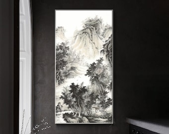 Chinese traditional landscape painting, black and white ink wash mountain art, misty mountain brush painting, limited edition archival print
