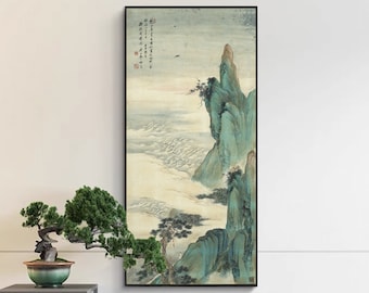 Sea viewing from Immortal mountain, Chinese ancient mountain painting, art replica, meticulous pine tree cloudy mountain art print, 祁昆 仙山觀海圖