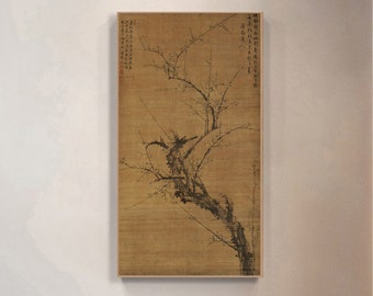 Chinese antique plum painting, giclee silk printed replica, 明 刘世儒 墨梅, plum blossoms ink brush painting, handcrafted silk hanging scroll