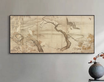 Plum Bamboo Stream Waterfowl, by Sesshū, Japanese antique screen art replica, Javanese botanic art giclee print, 雪舟等楊 梅竹溪流水禽圖屏風