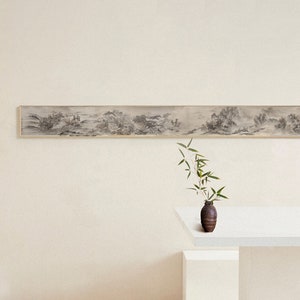 Extra narrow horizontal landscape scroll, Chinese antique landscape painting, silk print art replica, grey tones Shan shui long scroll art