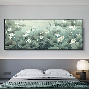 White lotus pond art, Extra large Horizontal Chinese meticulous lotus painting, large scaled wide summer flowers and birds fine art print XY