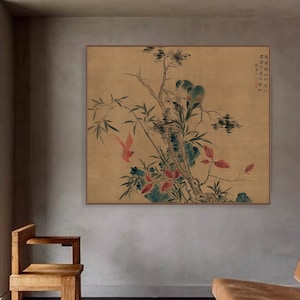 Chinese meticulous painting replica, large horizontal botanic art print on silk paper, East Asian antique wall art 清 华岩 疏树归禽图 17th century