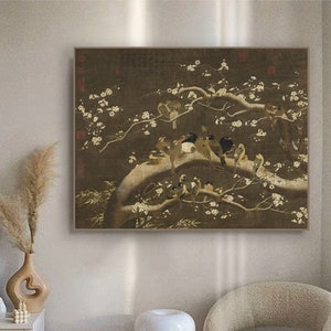 Gathering birds and snowy plum blossoms, Antique Chinese bird-and-flower painting, silk print, giclee art, handcrafted silk hanging scroll