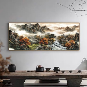 Marvelous autumn mountain landscape painting, Chinese contemporary artist signed limited edition archival print, large horizontal narrow
