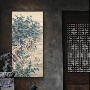 Bamboo Grove Seven Sages, Chinese ancient literati painting, Chinese ink brush painting, giclee print, archival print, vertical bamboo art