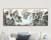 Dramatic clouds and mountain peaks brush painting, extra large horizontal wide landscape painting, unframed Large scale Shan Shui painting