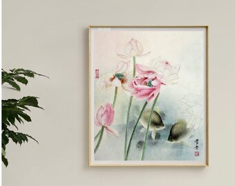 Pink waterlily blossoms fine art print, Chinese water garden brush painting, Gongbi lotus art, lotus meticulous painting, Xueqing, 51x61 cm