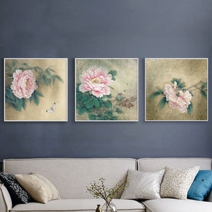 Retro style peony art, auspicious peony blossoms painting, Chinese ancient court style peony flowers art, unframed set of 3 square wall art