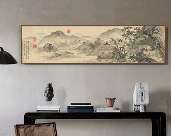 Chinese Shan shui painting, Chinese ancient landscape art, giclee silk print, Horizontal narrow unframed Chinese art print, 唐寅 松崖別業圖