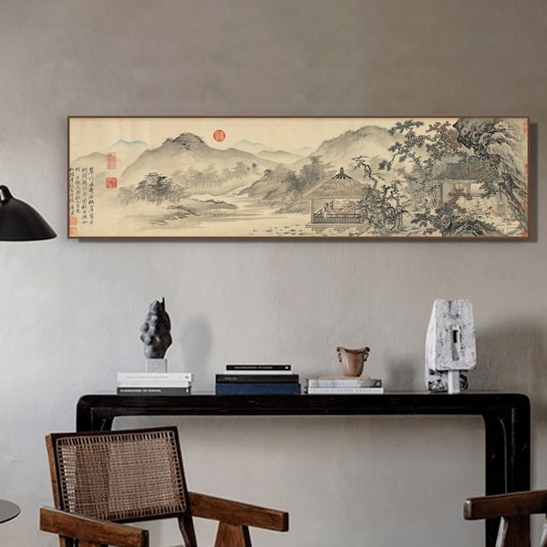 Chinese Shan shui painting, Chinese ancient landscape art, giclee silk print, Horizontal narrow unframed Chinese art print, 唐寅 松崖別業圖
