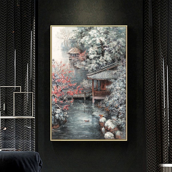 High ash gray color, the classic garden of Suzhou, winter Chinese courtyard watercolor painting, Snowy bamboo and flower trees, giclee print
