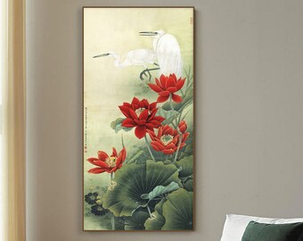 Red Lotus blossoms and Little egrets, Song dynasty retro style taste, vintage Chinese watercolor meticulous lotus painting, HD silk print