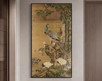 Chinese auspicious meticulous painting silk print, Phoenix and red crown cranes antique art replica, Ultra large vertical retro art SQn