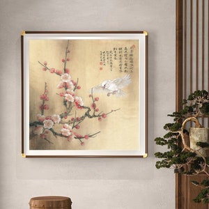 Plum and bird meticulous painting, Chinese bird and flower painting, color on Xuan paper, giclee art print, square botanic wall art décor