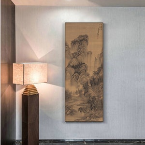 Antiquary painting replica, high quality Silk paper print, long vertical Chinese antique landscape painting, Qing Dynasty 王翚 巨然山水 46x111