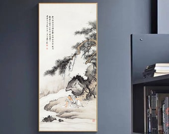 Antique taste East Asian brush painting replica | 松依泉繞  陳少梅 | thinker under pine tree by the water, minimal gray tones East Asian wall art