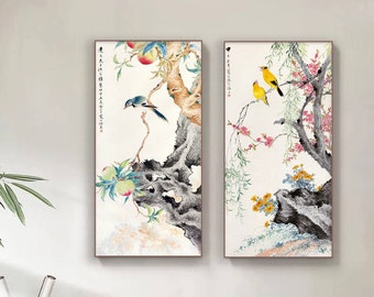 Rich and vibrant bird-and-flower painting, giclee prints, set of 2, Chinese Auspicious botanic wall art, unframed Chinese fine art prints