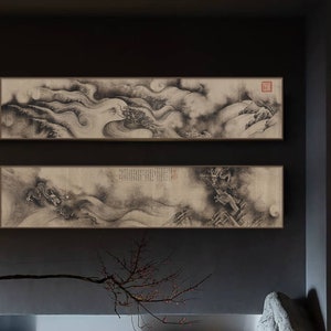 Chinese dragon brush painting, vintage Retro wall art décor, set of 2, giclee art print, 南宋 陈容 九龙图, 11th century, Southern Song Dynasty