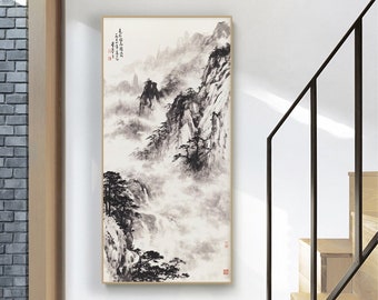 Misty Rain in the Mountains, Shuimo Shan shui painting, Chinese ink brush art replica, archival print, vertical black and white mountain art