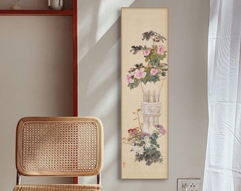 Chinese traditional boneless flowers art, handcrafted silk hanging scroll, vertical narrow wall art, Chinese antique botanic art replica 居廉