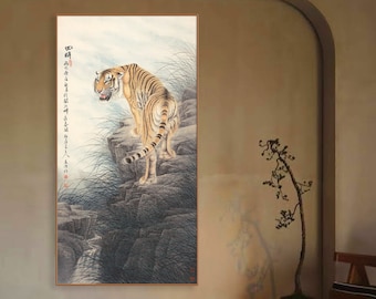 Glance Behind, Chinese meticulous tiger decorative art, zodiac tiger brush painting, large vertical photorealist tiger art giclee print, XY