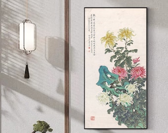 Chinese Chrysanthemum Blossoms Painting, Handmade Xuan paper print replica, Chinese brush work unframed print, handcrafted hanging scroll