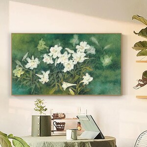 White Lily, watercolor flower painting, Gongbi White Lily, archival art print, Xuan paper print, large horizontal floral wall art, unframed