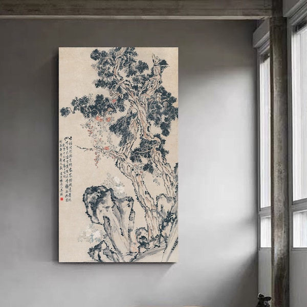 Chinese thuja brush painting, Chinese antique evergreen coniferous tree brush painting print replica, large vertical Chinese art, 清 李鱓 古柏凌霄圖