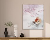 Pink waterlily petals floating on the clean water, Goldfish in pairs, good luck Feng shui bedroom wall art, Meticulous lotus fine art print