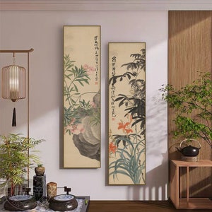 tiger daylily and Oleander, set of 2 vertical narrow flower paintings, Chinese ink brush painting, silk hanging scroll, botanic art prints