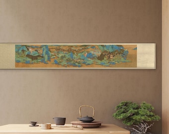Extra long horizontal narrow Shan shui scroll giclee print, Chinese antique landscape long scroll painting silk print replica, 明 摹仇英上林图卷