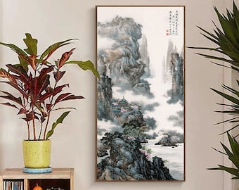 Large vertical Chinese landscape painting, giclee print, pavilion fairyland art, handmade silk hanging scroll, Shan shui wall hanging