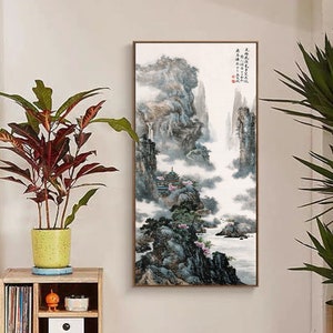 Large vertical Chinese landscape painting, giclee print, pavilion fairyland art, handmade silk hanging scroll, Shan shui wall hanging