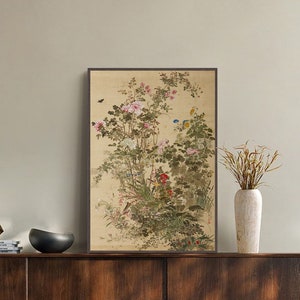 Japanese antique botanic garden painting replica, East Asian brush painting art print, Yamamoto Baiitsu (山本梅逸), handcrafted hanging scroll