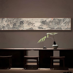 The Peach Blossom Land, by Wen Zhengming, Chinese Ming dynasty antique landscape art replica, long scroll of Shan shui art print, 文徵明 桃源問津圖