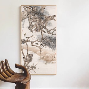 Chinese animal painting, monkeys brush painting, five monkeys, HD print on Xuan paper, large vertical East Asian ink wash painting print